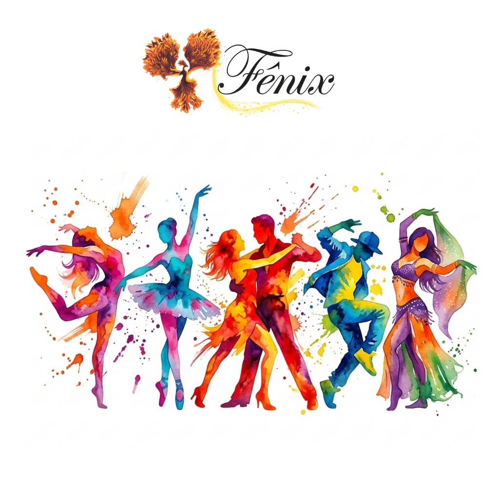 Silhuetas coloridas de dançarinos em diversos estilos